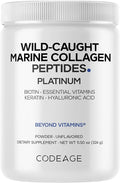 Codeage Marine Collagen Protein Powder Supplement Platinum - Biotin 10000 mcg Vitamin C D3 &amp B6 Keratin Hyaluronic Acid Niacin Wild Caught Hydrolyzed Fish Collagen Peptides - Non-GMO - 11.5