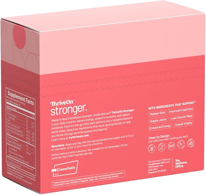 ThriveOn Stronger - Women's Creatine &amp Collagen Supplement for Midlife Support - Bone Muscle Cognitive &amp Energy Support* - Gluten-Free &amp Dairy-Free - Orange-Mango Flavor - 30 Count (30 S