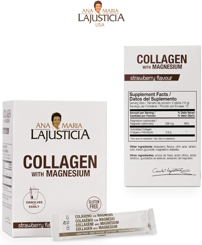 ANA MARIA LAJUSTICIA - Collagen + Magnesium Powder Sticks. Strawberry Flavour - Travel Pack. Hydrolized Collagen for Healthy Skin Bones Nails and Joints. Dairy Gluten and Sugar Free.