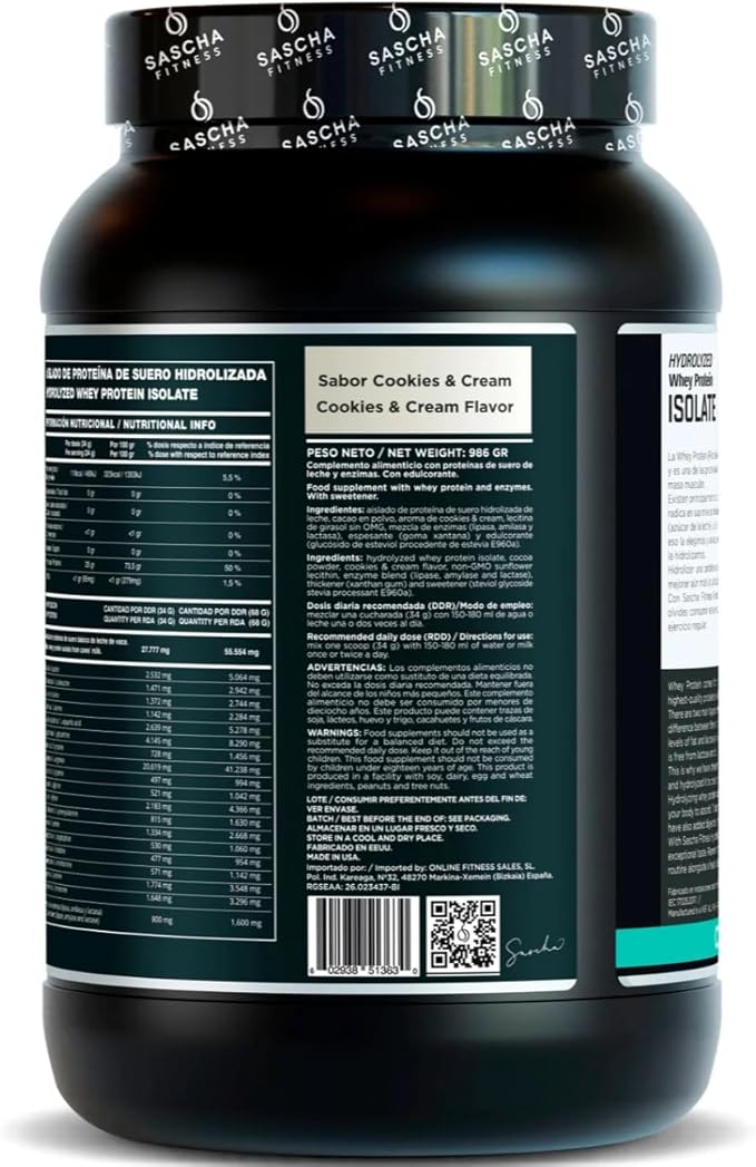 SASCHA FITNESS Hydrolyzed Whey Protein Isolate100% Grass-Fed (2 Pounds Cookies &amp Cream)