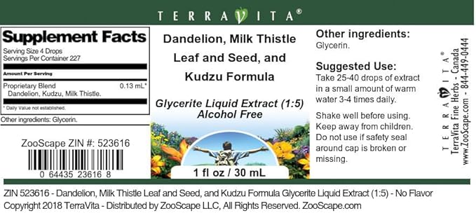 Terravita Dandelion Milk Thistle Leaf and Seed and Kudzu Formula Glycerite Liquid Extract (1:5) - No Flavor (1 oz ZIN: 523616)