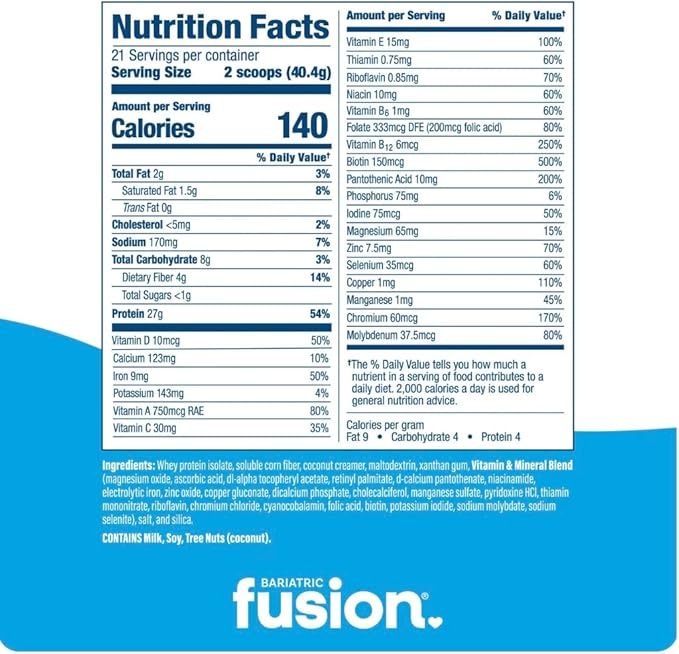 Bariatric Fusion Unflavored Meal Replacement 27g Protein Powder 21 Serving Tub for Bariatric Surgery Patients Including Gastric Bypass and Sleeve Gastrectomy - No Gluten Aspartame or Sugar