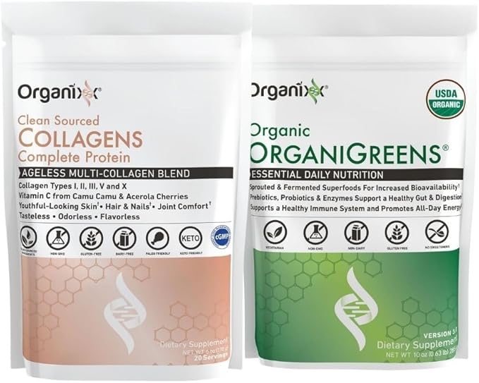 Organixx Clean Sourced Collagens (20 Servings) &amp OrganiGreens (30 Servings) Bundle Daily Super Greens &amp Protein w/Vitamin C &amp Zinc Supports Digestion Skin Hair Nails &amp Joint Healt
