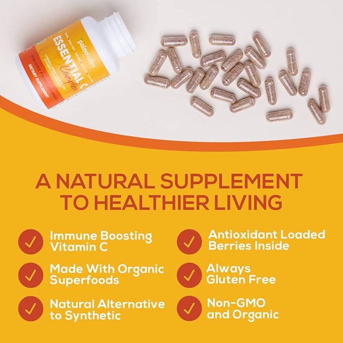 Paleovalley Organic Turmeric Complex + Essential C Complex Bundle – Full Spectrum Turmeric + Whole-Food Vitamin C – Joint Immune &amp Antioxidant Support – 56 Veg Capsules + 450mg Essential C
