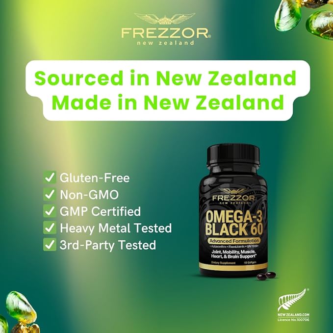 FREZZOR Omega 3 Black Green Lipped Mussel Oil 53x Higher Potency for Superior Joint Comfort &amp Mobility No Fishy Aftertaste 1 Bottle 60 Softgels Plus 1 Bottle of Vitamin D3+K2