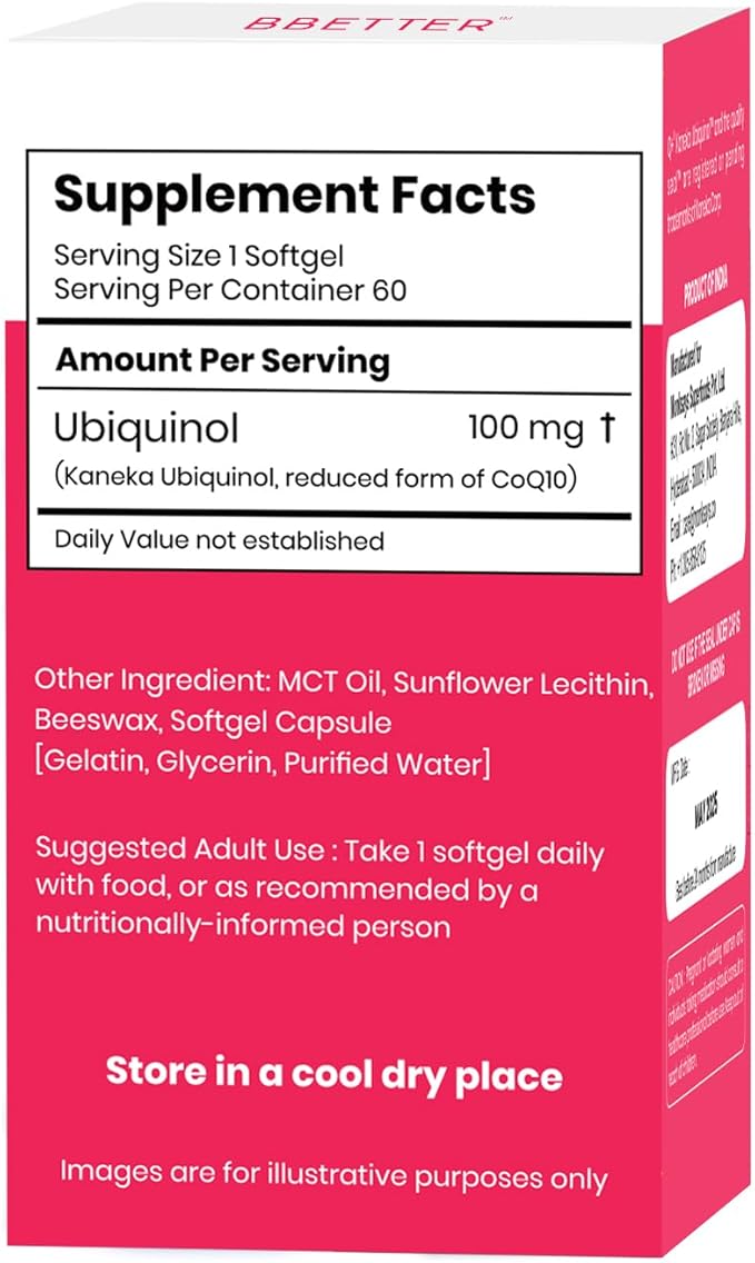 BBETTER CoQ10 – 100 mg with Kaneka Ubiquinol Active Form of Coenzyme Q10 -Supports Cellular Health &amp Heart Health - Natural Energy Production- High-Absorption Formula - 180 Softgels