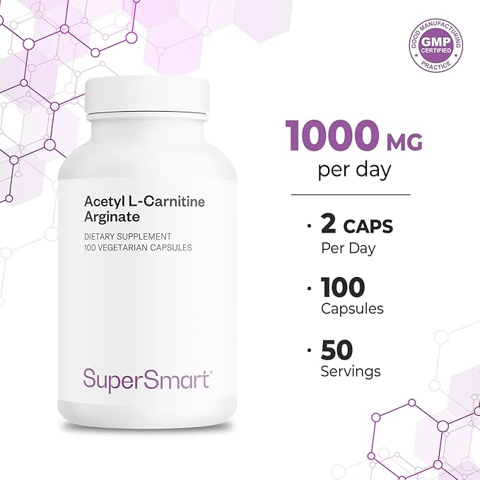 Supersmart - Acetyl L Carnitine Arginate 1000 mg Per Day - Amino Acids - Popular Brain Supplement | Non-GMO &amp Gluten Free - 120 Vegetarian Capsules