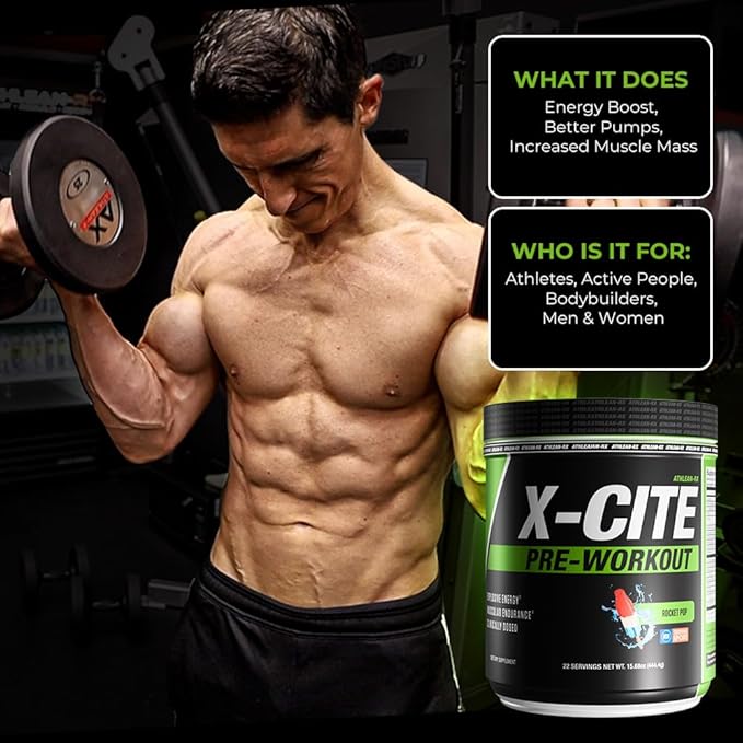 X-CITE Pre-Workout by ATHLEAN-X - Enhanced Formula with Beta-Alanine Creatine &amp Caffeine for Ultimate Energy Endurance Focus &amp Muscle Pump NSF Certified for Sports (Rocket Pop)
