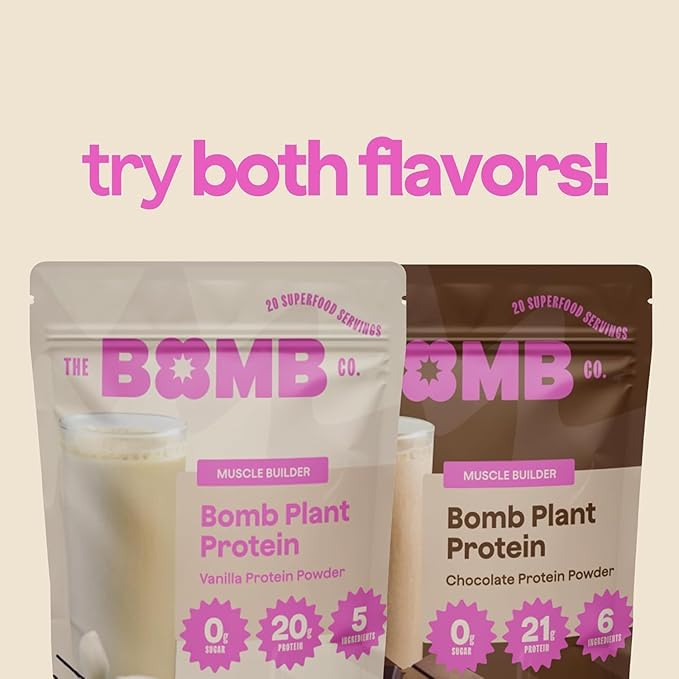 The Bomb Co. Bomb Plant Protein Protein Powder with 20g Protein Amino Acids Zero Sugar Pea Protein Chia Seeds Pumpkin Seeds Vanilla &amp Monk Fruit Gluten Free Vanilla Flavor 20 Srvgs