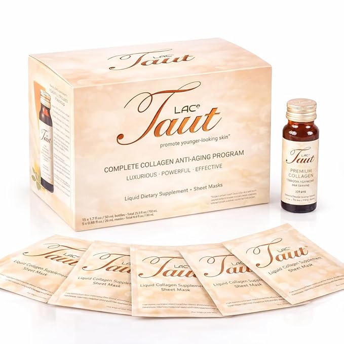 TAUT Marine Collagen Drink &amp Face Mask – 13000mg Hydrolyzed Collagen Protein with Hyaluronic Acid for Youthful Radiant Skin – Includes 15 Bottles and 5 Masks (30-Day Supply)