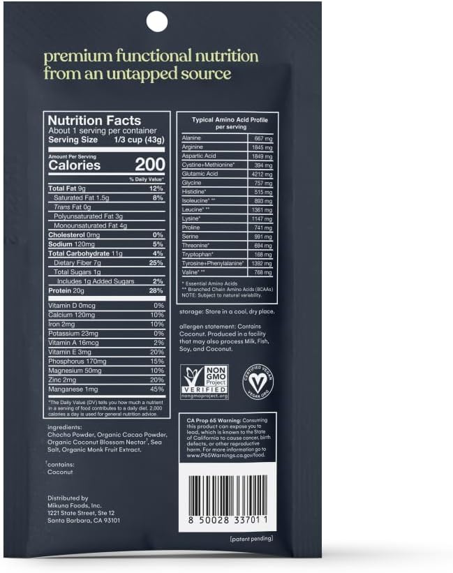 Mikuna Chocho Superfood Protein Plant-Based Protein Powder Travel Packs - Vegan Gluten Free 3g Net Carbs or Less and Bioavailable Non-Isolate (8 Servings Cacao)