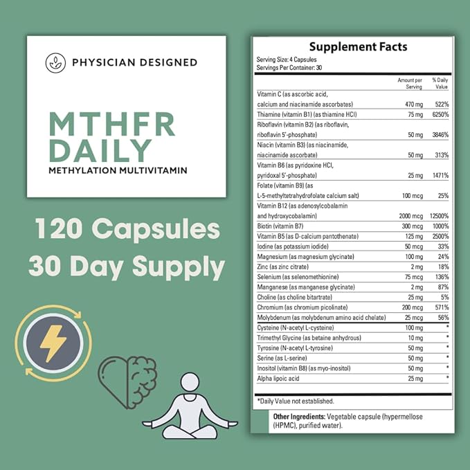 Physician Designed MTHFR Daily Multivitamin | Methylated Multivitamin for Men &amp Women | for Energy Mood &amp Heart | Vitamin B-Complex | 120 Capsules