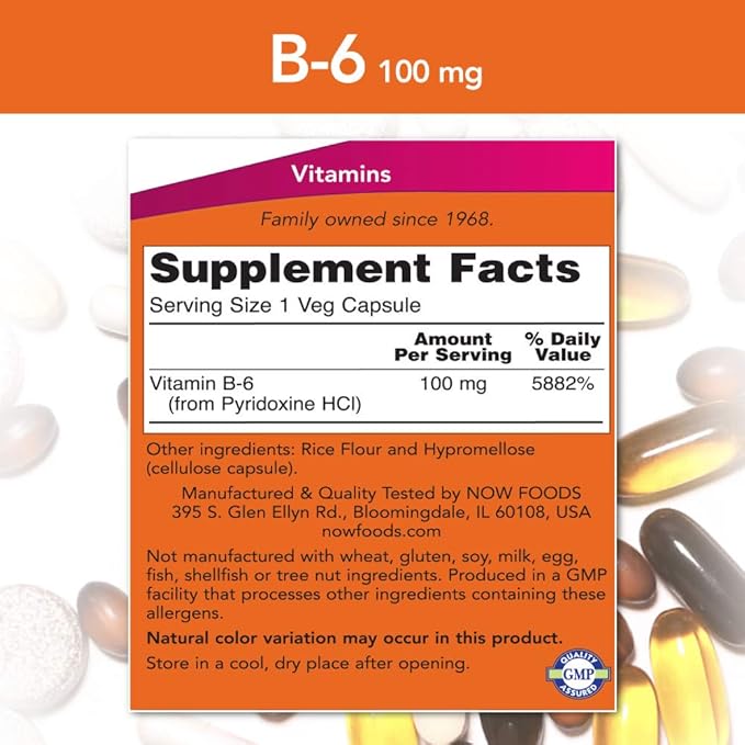 NOW Vitamin B-6 100mg250 Capsules (Pack of 2)