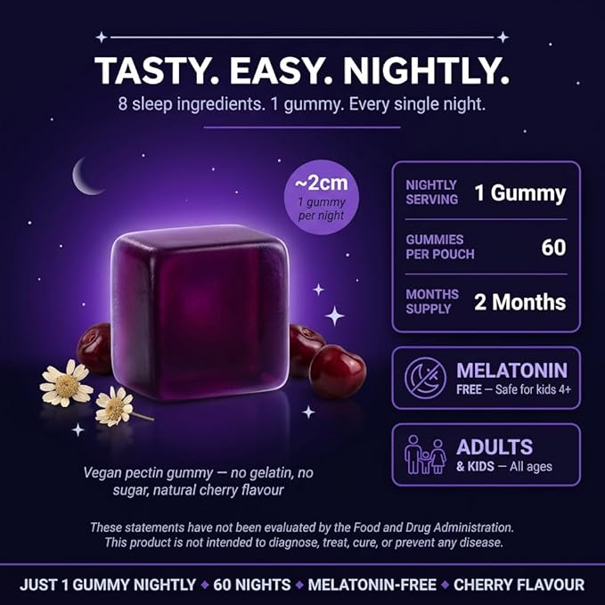 Family Sleep Gummies for Adults &amp Kids – Melatonin-Free Cherry Flavor – Vegan Sugar-Free Natural Calming Blend with Magnesium L-Theanine Chamomile &amp Ashwagandha – 60 Gummies