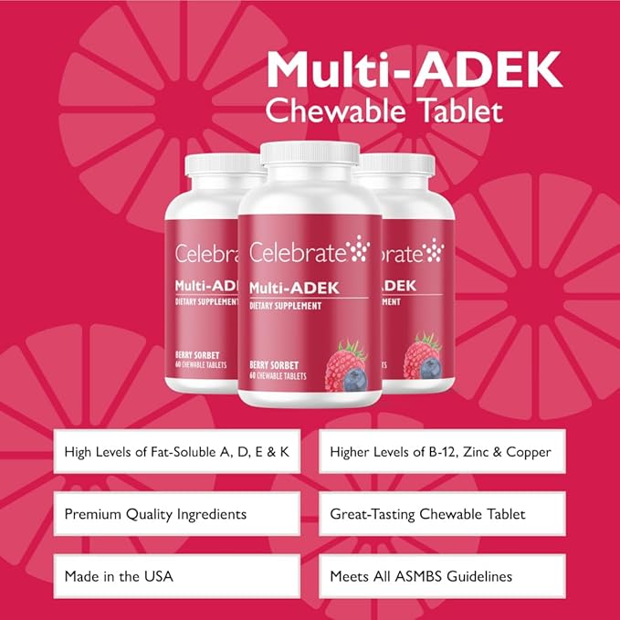 Celebrate Vitamins Multi ADEK Chewables Iron Free - Daily Bariatric Multivitamin High Level of Vitamins A D E K &amp B12 for Duodenal Switch Surgery Patients - Berry Sorbert (180 Tablets)