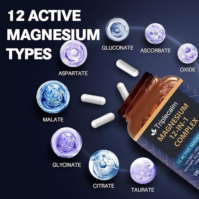 Magnesium Complex 12 in 1 Supplement - 12 Elemental 1000mg - Magnesium Glycinate Citrate Malate Taurate - High Absorptionfor Muscle Nerve &amp Sleep Support - 120 Capsules