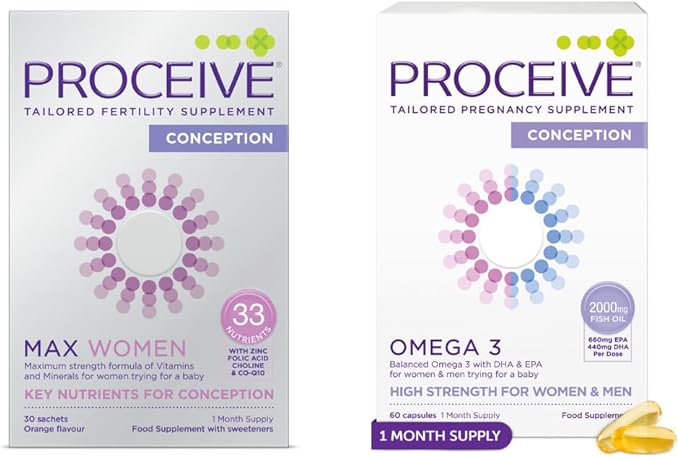 Proceive Max Tailored Fertility Supplements for Women Bundle - Womens Pre-Conception Vitamins &amp Minerals for Pre Pregnancy Support and Prenatal Omega 3 Fish Oil Supplement