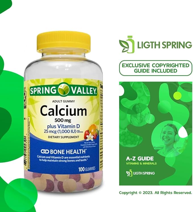 Calcium Plus Vitamin D Adult Gummies 500mg 1000 IU Assorted Flavors 100 Ct (2 Pack) Bundle with Exclusive Vitamins &amp Minerals - A to Z - Better Light&ampSpring Guide (3 Items)