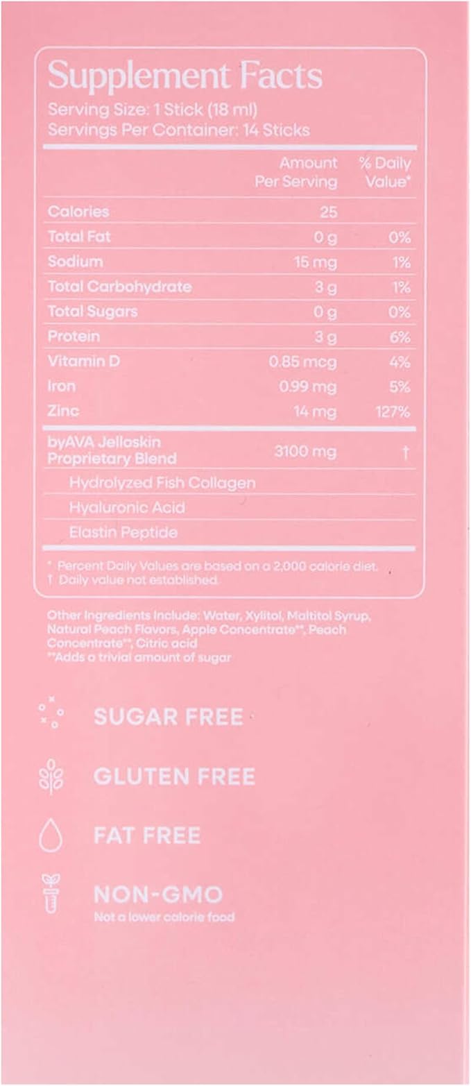 byAVA Jelloskin Skin Barrier Collagen Booster- Liquid Marine Collagen + Hyaluronic Acid + Elastin Peptides Supplements - Hair Skin and Nails | Hydrolyzed Fish Collagen for Women |Peach Flavor