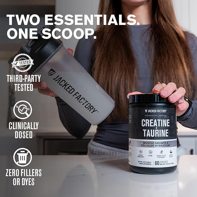 Jacked Factory Creatine + Taurine - Creatine Monohydrate 5000mg with Taurine 2000mg for Increased Muscle Strength &amp Cellular Hydration - 60 Servings Unflavored