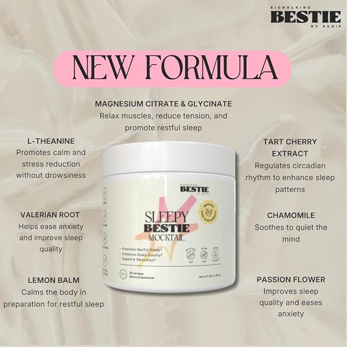 Sleepy Bestie Mocktail for Women &amp Men - Magnesium Citrate &amp Glycinate Powder for Sleep Calm Support Supplement with L-Theanine &amp Tart Cherry Extract Gluten Free - 2.96 oz