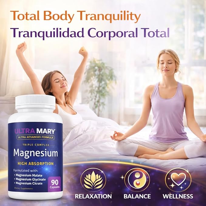 Magnesium Complex – High Absorption Magnesium Glycinate Magnesium Citrate &amp Magnesium Malate – Supports Muscle Relaxation Calm &amp Restful Sleep – 90 Capsules