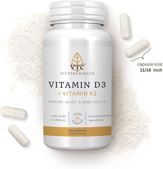 VTC VitaTradingCo. Vitamin D3 + K2 | High Potency Bioactive Forms | 1000iu D3 + 45mcg MK-4 K2 | Boost Calcium Absorption | Immune Heart &amp Bone Support | 120 Capsules