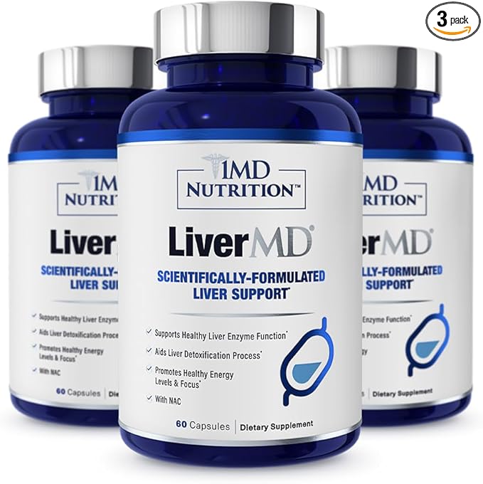 1MD Nutrition 1MD LiverMD - Liver Support Supplement | Siliphos Milk Thistle Extract - Highly Bioavailable for Liver Support | 180 Capsules (3-Pack)