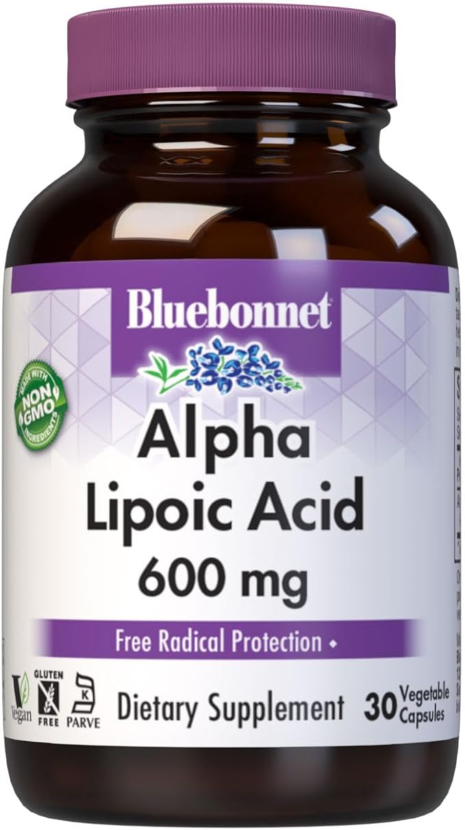 BlueBonnet Alpha Lipoic Acid 600mg - Powerful Antioxidant Nerve Support Supplement for Women &amp Men - Non-GMO Vegan Kosher - Gluten-Free Soy-Free Dairy-Free - 30 Vegetable Capsules