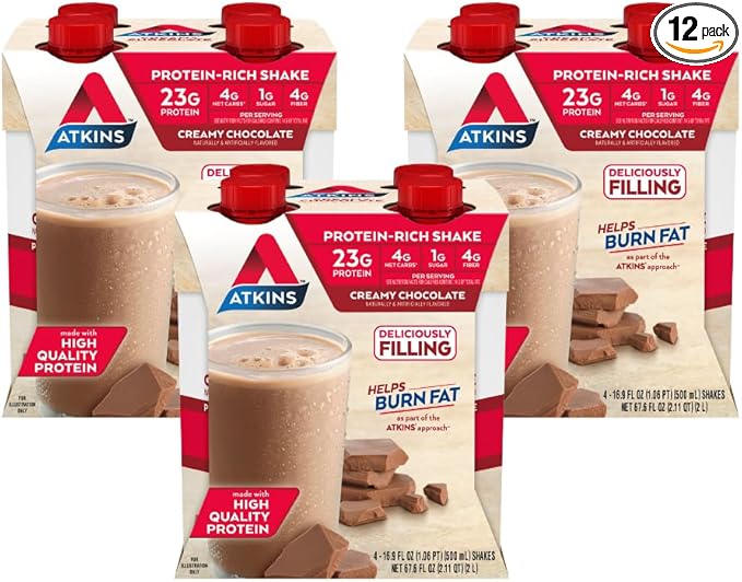 Atkins Creamy Chocolate Meal Size Protein Shake 23g Protein Low Glycemic 4g Net Carb 1g Sugar Keto Friendly 12 Count