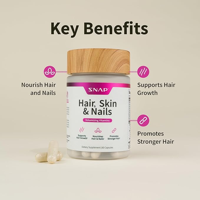 Snap Supplements Hair Skin and Nails Vitamins Support Hair Growth Nourish Skin and Nails with Biotin Collagen Kelp Bamboo and Other Vitamins Radiant Skin Strong Hair and Nails 60 Capsules
