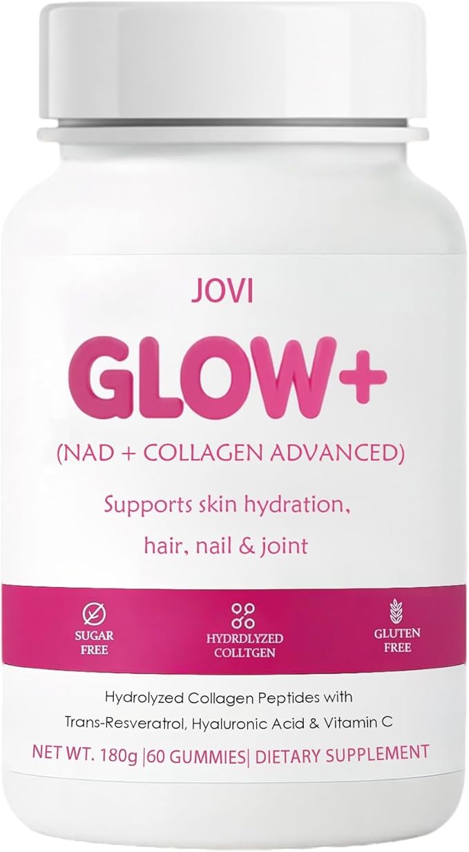 Jovi Nutrition Glow+ NAD+ &amp Collagen GummiesMulti-Type Hydrolyzed Collagen Peptides with Resveratrol Hyaluronic Acid Vitamin C &amp E Skin Hair &amp Nail Nutritional Support