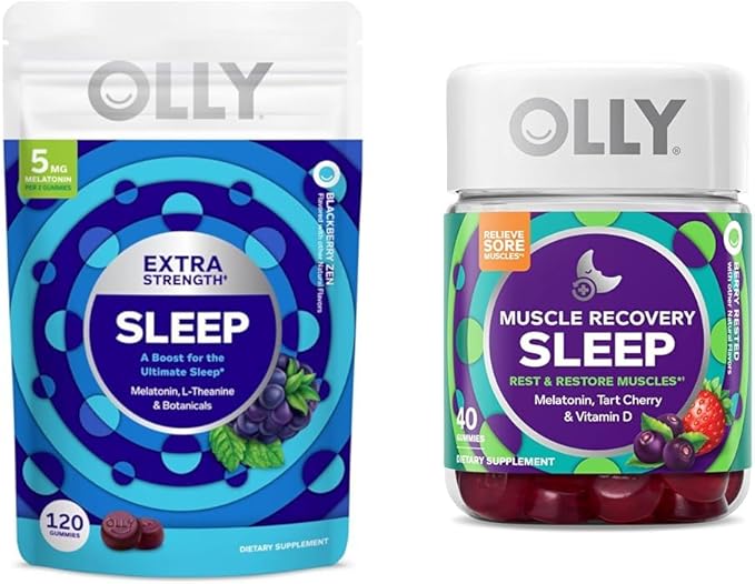 OLLY Extra Strength Sleep Gummy with Melatonin L-Theanine Chamomile Lemon Balm BlackBerry Flavor - 120 Count &amp Muscle Recovery Sleep Gummies with Melatonin Tart Cherry Vitamin D Berry Flavo