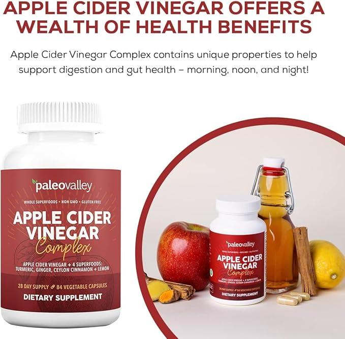 Paleovalley Apple Cider Vinegar Complex with Superfoods - Turmeric Ginger Ceylon Cinnamon and Lemon - 84 Vegetable Capsules