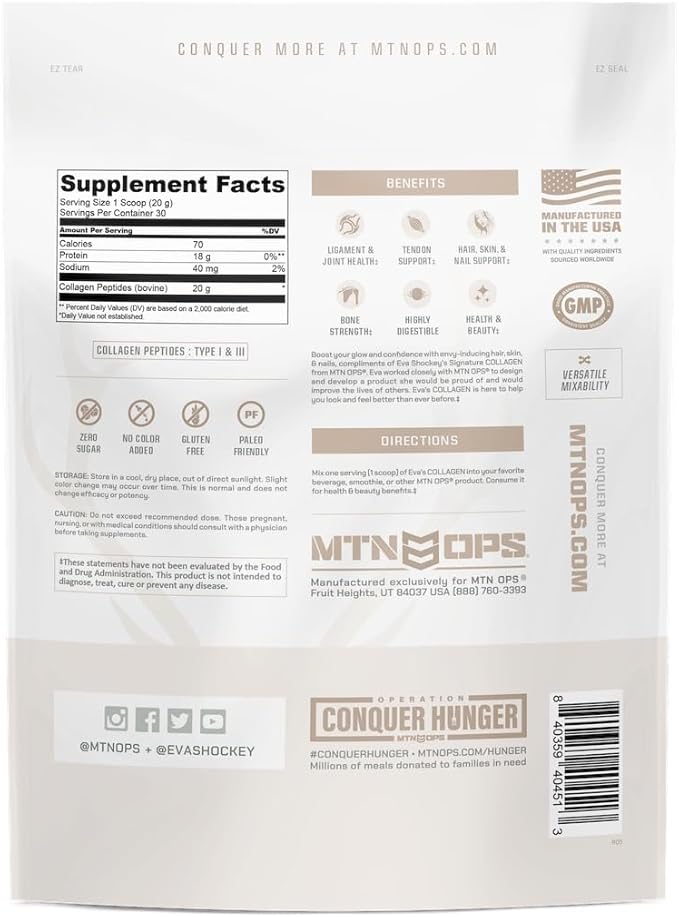 MTN OPS Collagen Peptide Protein Powder by Eva Shockey's Signature Series 20g Unflavored Bovine Collagen Peptide Protein per Serving Zero Sugar Paleo Friendly 30 Servings 21.2 Ounce