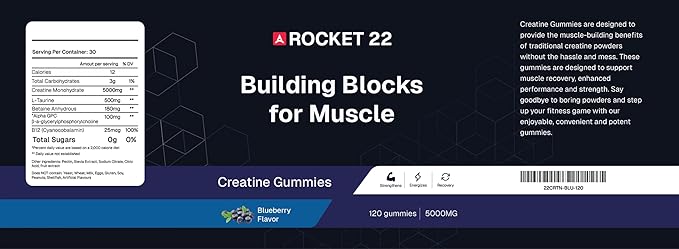 Creatine Monohydrate Gummies 5gSugar-Freefor Men &amp Women to Support Muscle Recovery Performance and Strength Blueberry Flavor 120 Gummies Rocket 22.