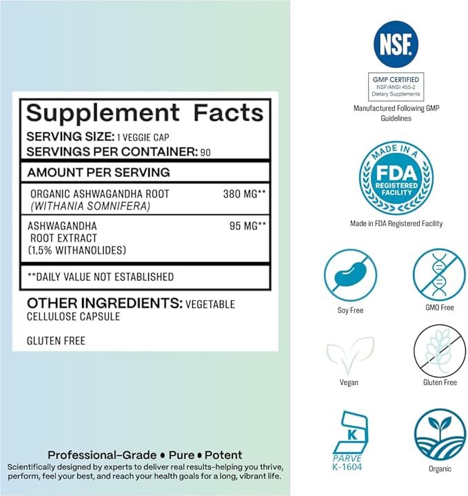 ORGANIC ASHWAGANDHA - Root + Full Spectrum Formula - Cortisol Reducer Supports Stress Sleep Focus Energy Muscles and Hormones* – Pure Vegan Non-GMO Gluten-Free Kosher 90 Caps