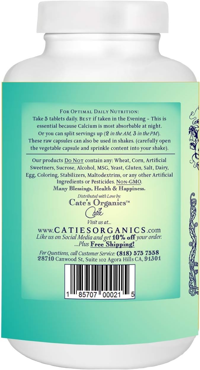 Catie's Whole Plant Food Calcium - Plant Based Whole Food Calcium w/ Foods rich in Magnesium Vitamin D + K2 Boron Lysine Zinc... 30 Day Supply. 150 Capsules. NO Gluten Dairy Soy GMO. Raw Vega