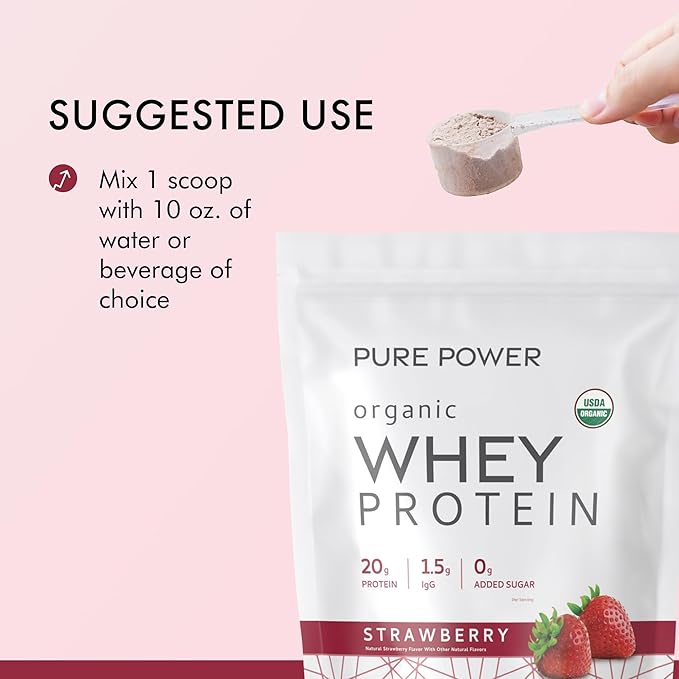 Dr. Mercola Pure Power Organic Whey Protein - 20 g Protein - Supports Muscle Growth &amp Energy - Grass-Fed Whey Concentrate - 15 Servings (20.60 oz) - Strawberry