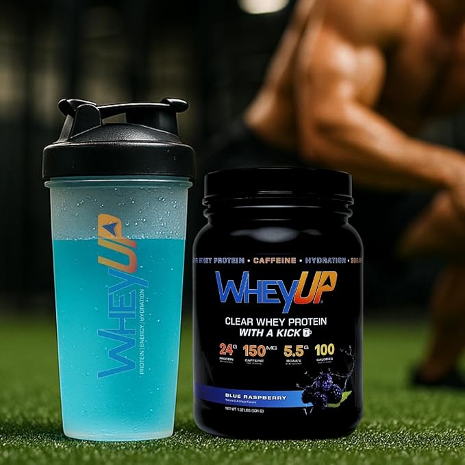 WheyUP Clear Whey Isolate - 24g Protein + 150mg Caffeine - Blue Raspberry - Clear Whey Protein Powder - Sugar-Free - Keto-Friendly - Juice-Style Pre Post Workout Drink - 20 Servings