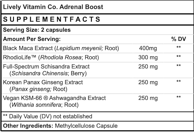 LIVELY VITAMIN CO. Adrenal Boost - Immune - Stress - Anxious - Memory - Focus - Nervousness - Rest - Sleep - Ashwagandha - Black Maca - Rhodiola - Ginseng - 120 Vegetarian Capsules