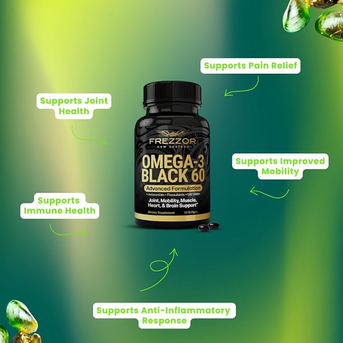 FREZZOR Omega 3 Black for Joint Care &amp Comfort - New Zealand Green Lipped Mussel Oil Capsules 53x Higher Potency with UAF1000+ Super Antioxidant No Fishy Aftertaste 1-Pack 60 Softgels