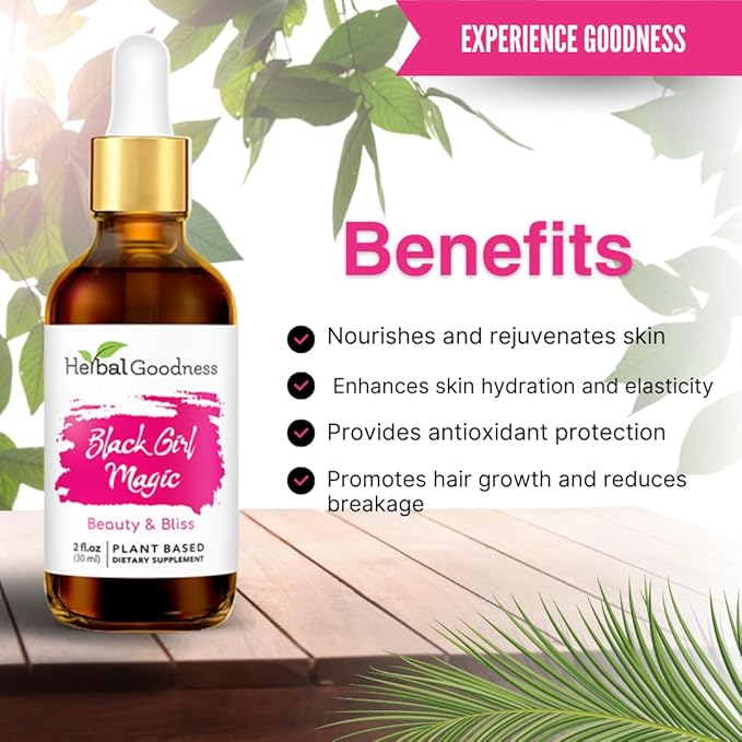 Herbal Goodness Black Girl Magic - Skin Supplements for Women Radiant Skin Beauty Support Essential Skin Food Ashwagandha Supplements - 1 Bottle (2 fl oz)