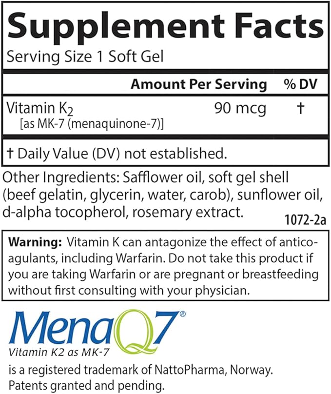 Carlson - Vitamin K2 MK-7 (Menaquinone) 90 mcg Bone Support Calcium Bioavailability K2 Vitamin Vitamin K-2 120 Softgels