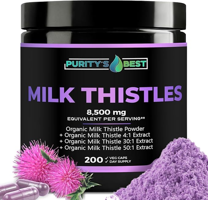 Purity’s Best Milk Thistle Extract 200 Vegan Caps 8500 Strength Standardized and Concentrated 50x Extract Silymarin Flavonoids Supports Liver Function Non-GMO Made in USA