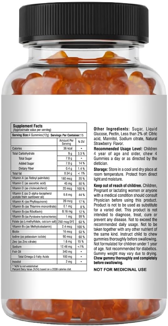 Mishas Nutraceuticals Kids Multivitamin Gummies with Omega 3 Fish Oil (EPA/DHA) Vitamin D3 C B12 B6 Vitamin A K &amp Zinc Immune Support Gluten-Free Three Fruit Flavors 60 Count (30-Day Supp