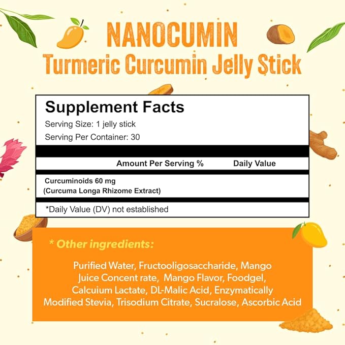 NANOCUMIN Curcumin Jelly Stick with Turmeric Extract Mango Flavor | 60mg Curcuminoids per Stick | 30 Count | Tasty Korean Daily Supplement for Energy &amp Wellness