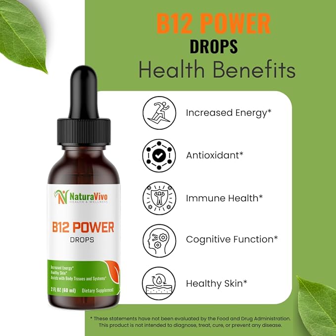 B12 Power Drops: High-Potency Vitamin B Complex for Energy Heart Health and Cognitive Function - Antioxidant Support Liquid Supplement GMP Certified Made in USA