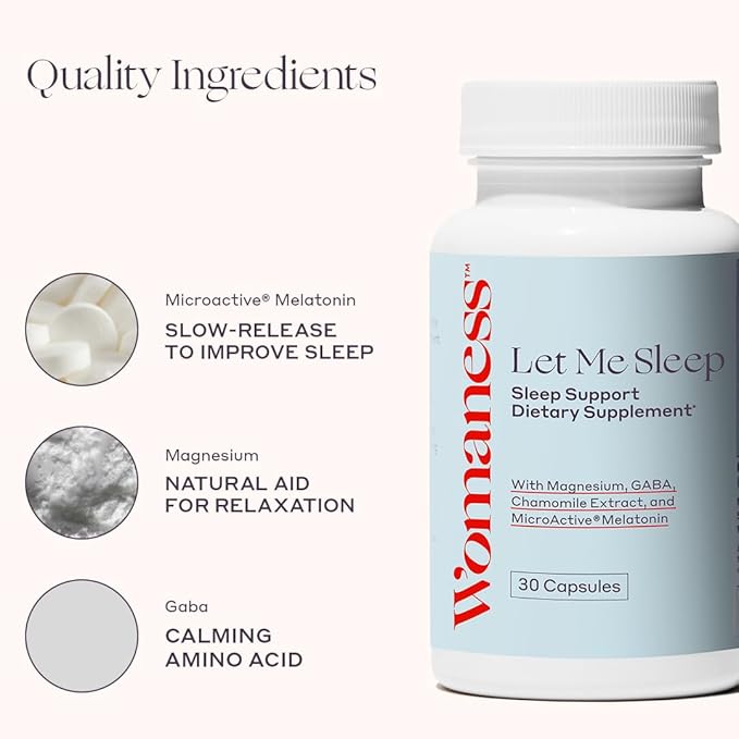 Womaness Let Me Sleep – Sleep Aid for Adults - Melatonin &amp Magnesium Supplement - Nighttime Rest Support with Magnesium for Better Relaxation and Night Sleep Support Evening Wellness - 30 Capsule