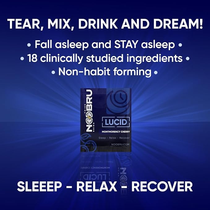 Noobru Lucid Nootropic Sleep Powder Drink for Deep Quality Dream Sleep with Magnesium Ashwagandha Valerian Lemon Balm and Vitamin D for Deep Quality Sleep Stress and Restoration.